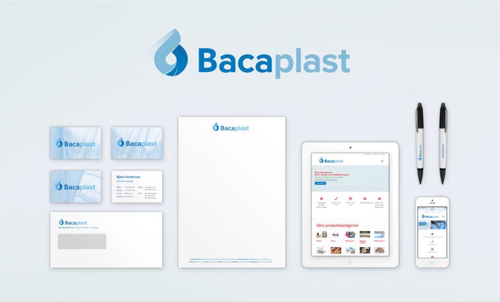 Merkantile trykksaker, nettside, visittkort som del av grafisk profil for Bacaplast
